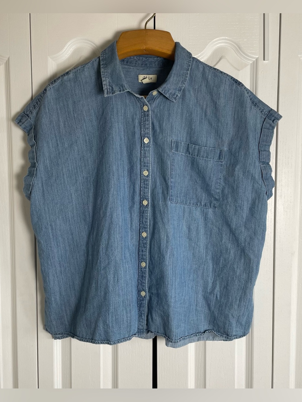 Style & Co Denim Shirt Women’s 3X Blue Cotton Cuffed Short Sleeve Camp Top Boxy